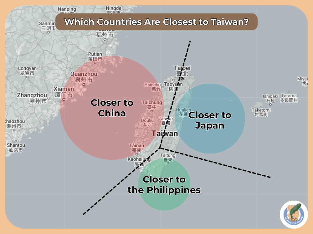 map showing which countries are closer to Taiwan